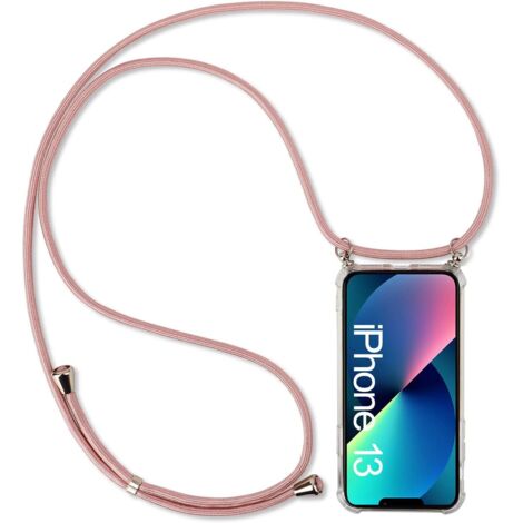 COQUE EN SILICONE TRANSPARENTE POUR IPHONE 13 AVEC LANYARD OR ROSE 80 cm (1/5)