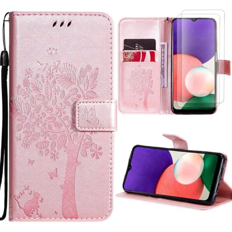 COQUE POUR SAMSUNG GALAXY A22 4G ARBRE ROSE EN RELIEF FERMÉ + 2x VERRES (1/5)
