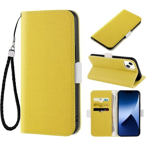 COQUE IPHONE 14 AVEC RABAT, FERMETURE MAGNÉTIQUE, JAUNE A2882 A2649 A2881 (1/5)