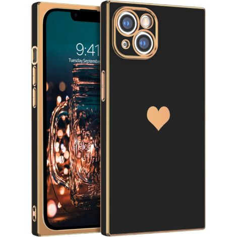 COQUE APPLE IPHONE 13 EN SILICONE LÉGÈRE NOIR OR AVEC COEUR (1/5)