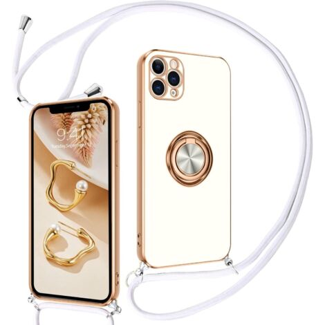 COQUE POUR APPLE IPHONE 11 PRO MAX SILICONE BLANC OR + ANNEAU LANYARD A2161 (1/5)