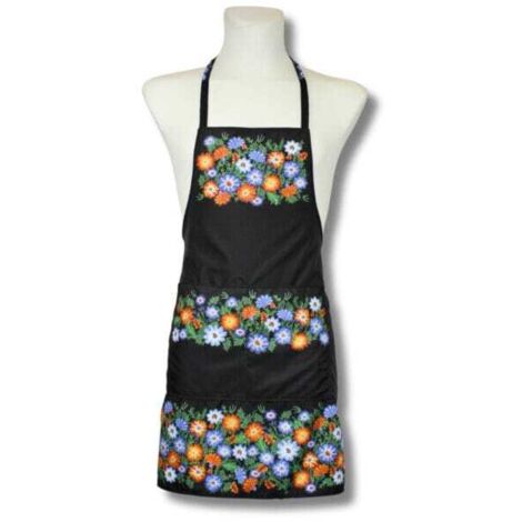 Tablier de cuisine folk Opole fleurs prairie noir (1/5)