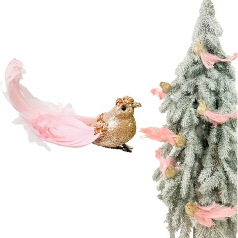 Décoration clip - Oiseau champagne aux plumes roses naturelles, décoré de paillettes, 17 cm (1/5)