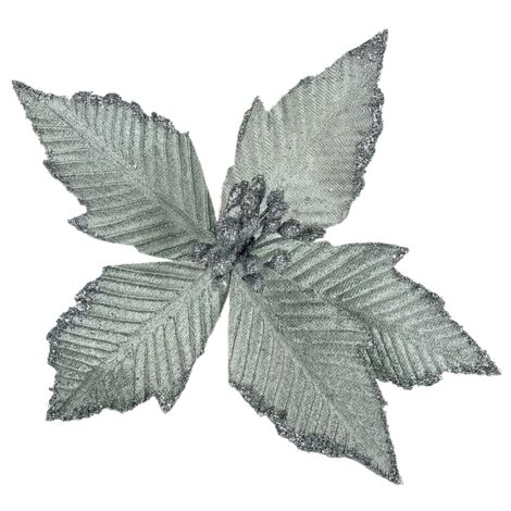 Poinsettia argenté sur pique - Fleurs de sapin de Noël 21 cm (1/5)