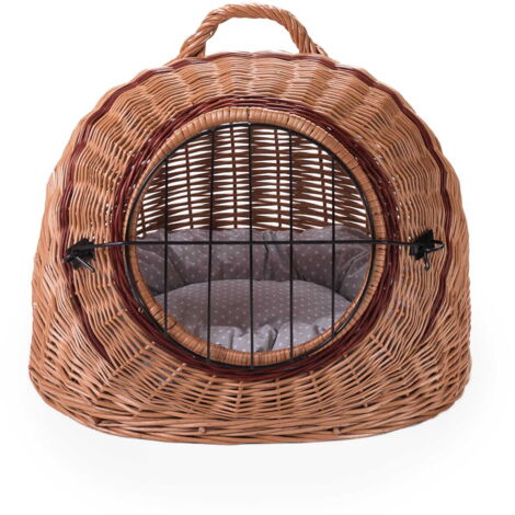 Panier de transport en osier pour chats et autres animaux, panier ovale avec fermeture en métal et coussin IV, k12 - pois blancs sur marron