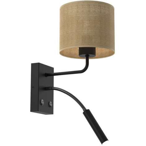 Applique murale noire avec abat-jour en jute, lampe de lecture, 2 interrupteurs en jute, 1xE27 15W + 1xG9 8W Luminex