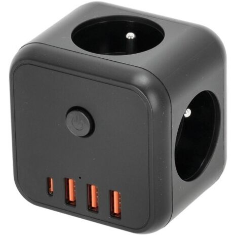 Rallonge 3 prises + 3 ports USB + 1 port USB-C avec mise à la terre, noire (1/3)
