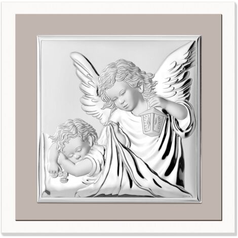 Tableau d'ange gardien argenté, style moderne, à placer au-dessus du lit  Dimensions : 17 x 17 cm  Réf. : VL81493/1L