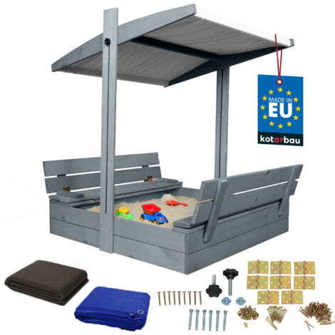 KOTARBAU® Grand bac à sable en bois avec toit gris, imprégné, fermé, avec bancs, gris 100 x 100 cm