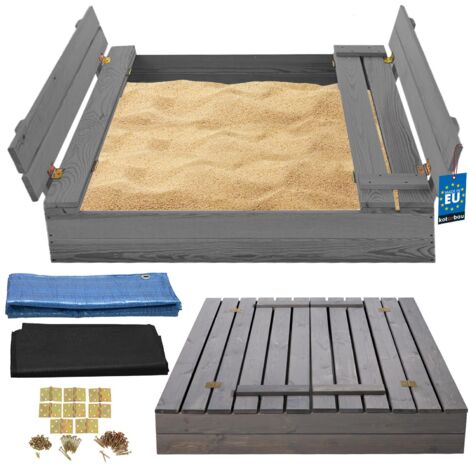 Bac à sable en bois 100x100 cm fermé avec bancs, gris