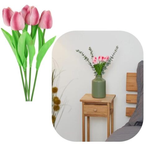 Tulipes artificielles en silicone 34 cm, plantes décoratives pour vase, 5 pièces - Rose (1/5)