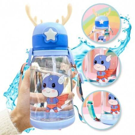 Gourde enfant ECARLA avec paille 600 ml bleue à roses BD30N (1/5)