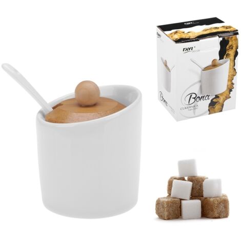 Petit sucrier en porcelaine BONA avec cuillère et couvercle en bambou blanc (1/5)