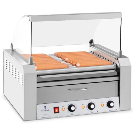 Royal Catering – Grill à rouleaux pour 20 saucisses – Couvercle et tiroir chauffant – 2600W 230V – Préparation rapide de hot-dogs