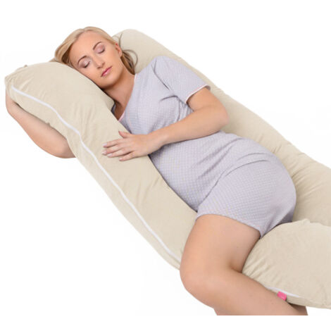 Coussin de grossesse en velours en forme de U pour dormir sur le côté et allaiter - Beige