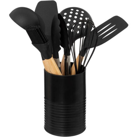 Set de 7 ustensiles en bois et plastique avec pot - Noir - Livraison gratuite (1/5)