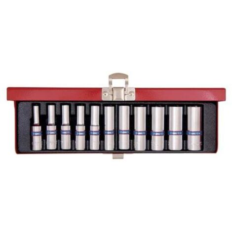 Coffret de 11 douilles longues 1/4' 6 pans – Dimensions : 4 à 13 mm – Coffret métallique pour mécanique et bricolage – King Tony