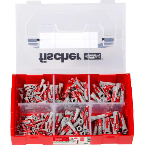 Fischer – Coffret FixTainer 210 chevilles DuoPower 6x30/8x40/10x50 – Pour béton armé et supports variés – 120 pièces – Couvercle transparent (1/10)