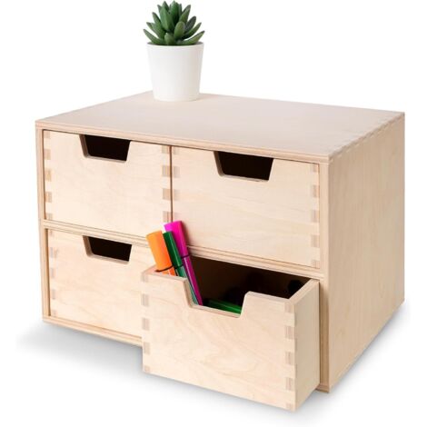 Commode en bois 4 tiroirs 28,5 x 20 x 19 cm – Bois de pin certifié – Rangement pour documents et fournitures de bureau