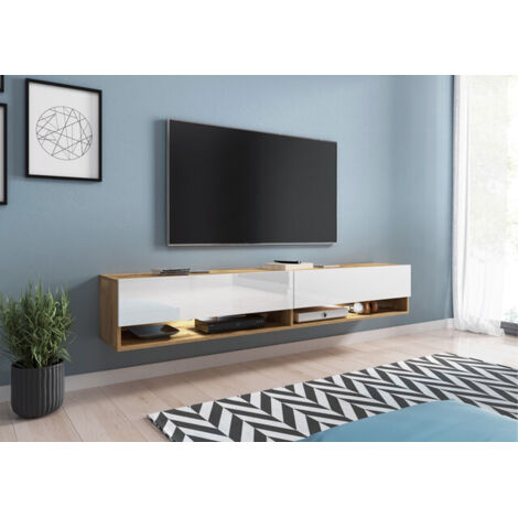 Bratex – Meuble TV Lowboard 180 cm – Éclairage LED – 2 étagères – Panneau stratifié 15 mm – Coloris wotan blanc brillant