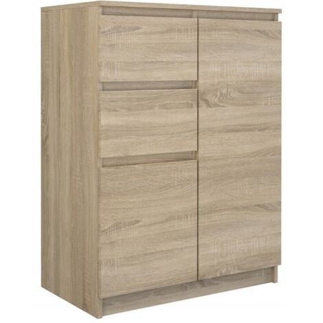 Topeshop – Commode enfant 2 tiroirs 2 portes – Chêne sonoma – Dimensions 70x40x97 cm – Corps en panneaux de particules laminés (1/3)