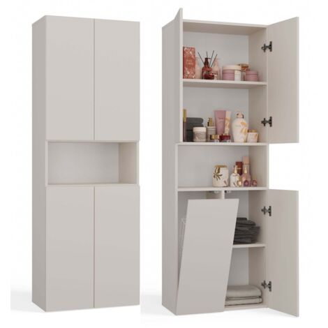 Colonne de salle de bain 174x60x30 cm – Corps en panneau de particules laminé – Panier à linge intégré – Finition beige moderne