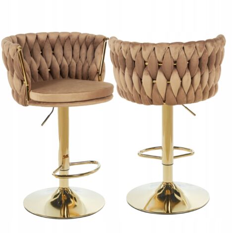 Tabouret de bar réglable en velours tressé cappuccino – Piètement doré pivotant – Hauteur d'assise 60-80 cm – Charge max 120 kg (1/5)