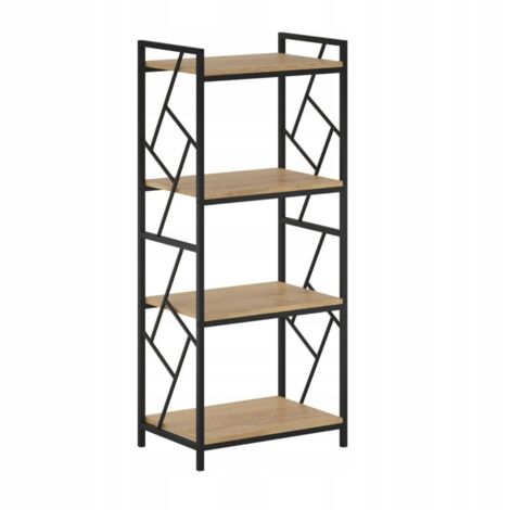 Bibliothèque minimaliste en chêne naturel, 4 étagères, structure en métal noir, Furnitex (1/5)