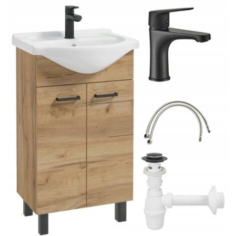 Meuble de salle de bain en chêne artisanal avec un lavabo de 50 cm avec un robinet noir et un siphon Mea