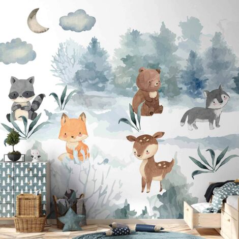 Papier peint - Amusement en forêt - animaux dans la forêt peints à l'aquarelle (1/5)