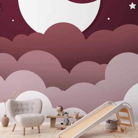 Rêve de lune - Nuages dans un ciel bordeaux étoilé pour enfants (1/5)