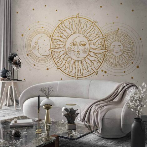 Papier peint photo - Soleil et lune dorés - illustration artistique de style rétro / Harmonie cosmique - soleil, lune et étoiles aux nuances dorées (1/4)