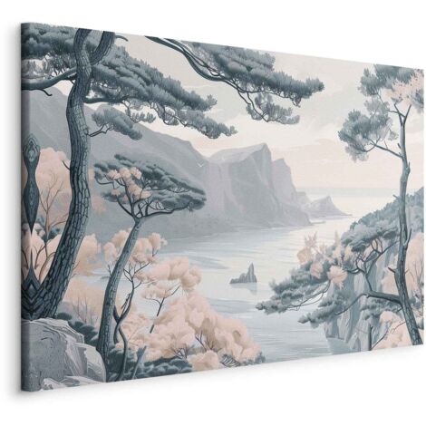Image - Côte montagneuse avec arbres et rochers dans des tons bleu pastel clairs / Côte bleue aux couleurs douces (1/3)
