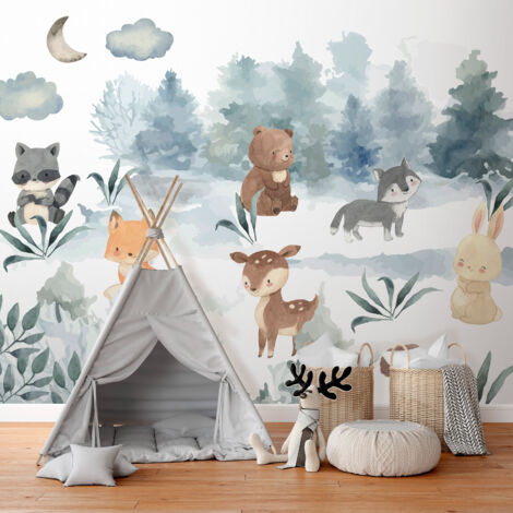Papier peint - Amusement en forêt - animaux dans la forêt peints à l'aquarelle (1/4)