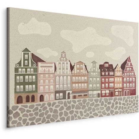 Peinture - Plac Solny - immeubles d'habitation colorés illustrés se détachant sur un ciel nuageux / Façades colorées - immeubles d'habitation historiques de Wrocław se détachant sur le ciel et une rue (1/3)