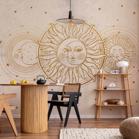 Papier peint photo - Soleil et lune dorés - illustration artistique de style rétro / Harmonie cosmique - soleil, lune et étoiles aux nuances dorées (1/4)