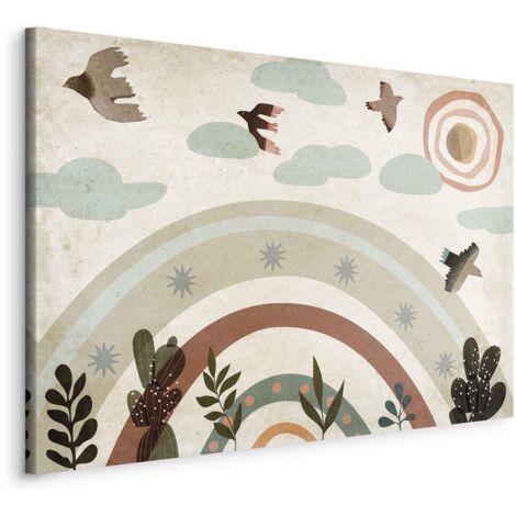 Peinture - Arc-en-ciel et soleil au-dessus - Oiseaux aux couleurs douces volant parmi les nuages au-dessus de l'arc-en-ciel et diverses plantes sur un fond clair / Oiseaux au-dessus de l'arc-en-ciel (1/3)