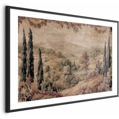 Affiche - Paysage méditerranéen - ancienne tapisserie représentant une colline et un lac (1/4)