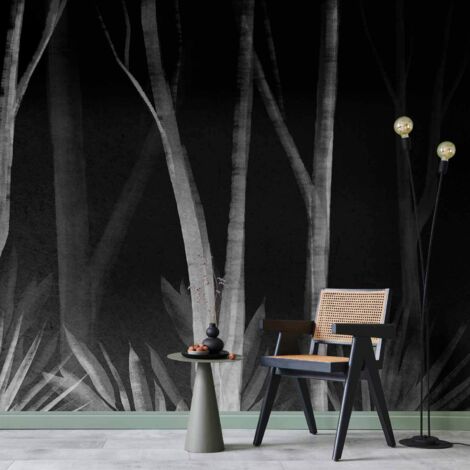 Fond d'écran photo - Le son de la forêt la nuit - un paysage minimaliste d'arbres blancs sur fond noir (1/5)