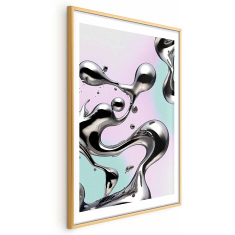 Affiche - Fluidités métalliques - formes argentées abstraites sur fond violet menthe (1/4)