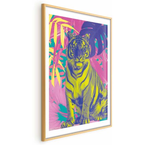 Affiche - Tigre coloré - Couleurs intenses d'un tigre entouré de plantes tropicales (1/4)
