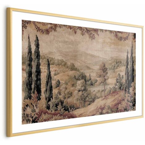 Affiche - Paysage méditerranéen - ancienne tapisserie représentant une colline et un lac (1/4)