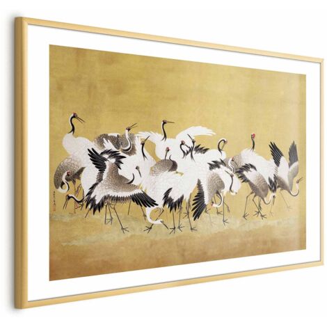 Affiche - Grues japonaises - un vol d'oiseaux sur fond doré, d'après une peinture d'Ishida Yūtei (1/4)