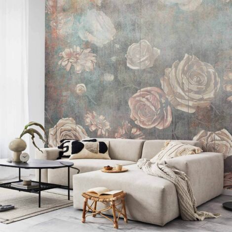 Papier peint - Nature brumeuse - fleurs roses tamisées sur un fond dans les tons de gris (1/5)