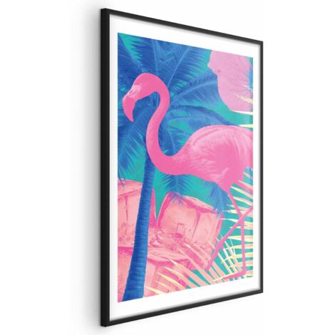 Affiche - Flamant rose - Flamant rose abstrait sur fond de palmiers et de glaçons (1/4)