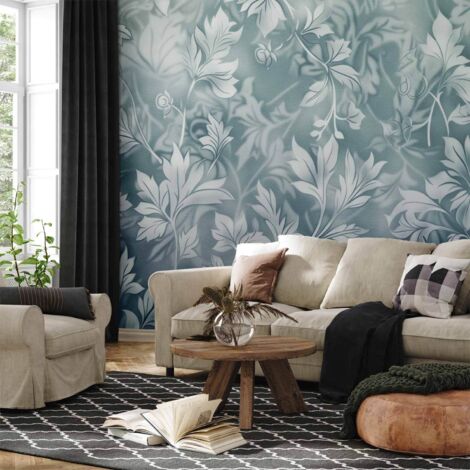 Papier peint photo - Ornements turquoise délavé et poussiéreux : motif végétal délicat / Motifs végétaux délavés turquoise poussiéreux (1/4)