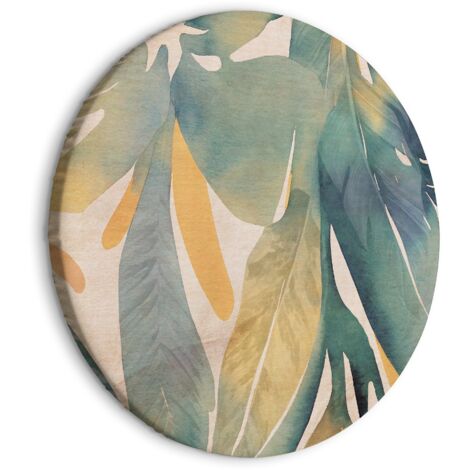 Peinture ronde - Aquarelle exotique - Plantes tropicales délicates suspendues dans des tons de vert et de jaune sur fond beige / Aquarelle tropicale (1/4)
