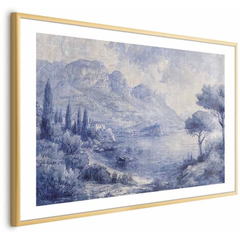 Affiche - Baie Bleue - Paysage italien du lac de Côme peint à l'encre bleue (1/4)
