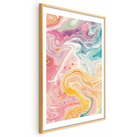 Affiche - Chaos coloré - formes dynamiques dans des tons de rose, jaune et bleu (1/4)
