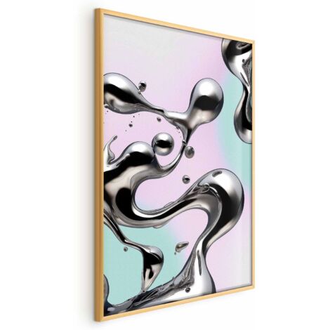 Affiche - Fluidités métalliques - formes argentées abstraites sur fond violet menthe (1/4)